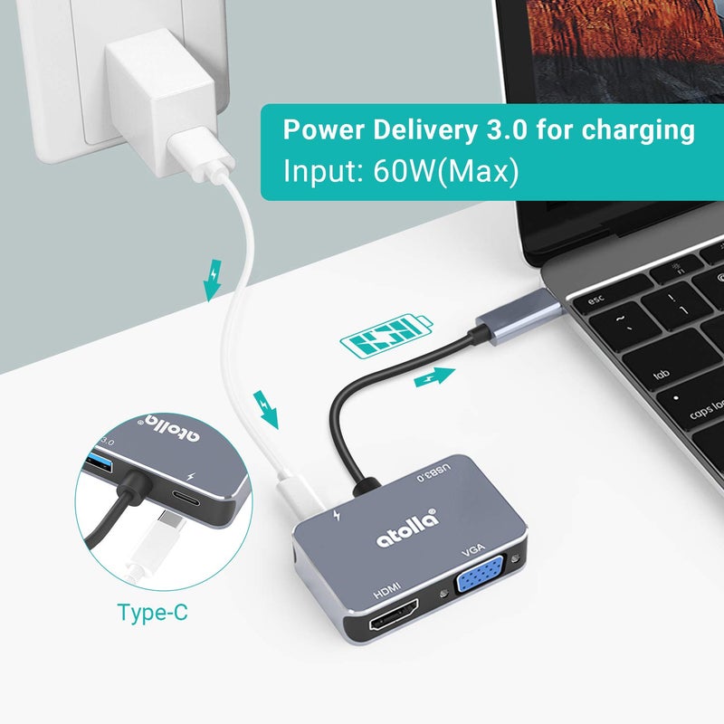 Atolla USB C to HDMI 4K@30Hz Adapter - 1080P VGA & USB 3.0 High Speed Ports + 60W PD for MacBook Pro & More Type C Devices - Image 5